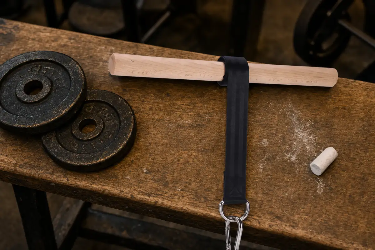 Wrist roller lying on a wooden workout bench next to small cast-iron plates and chalk