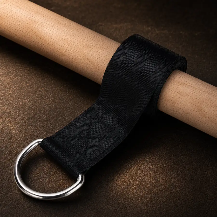 Close-up of the cross-stitched nylon strap and steel D-ring wrapped around the wooden handle