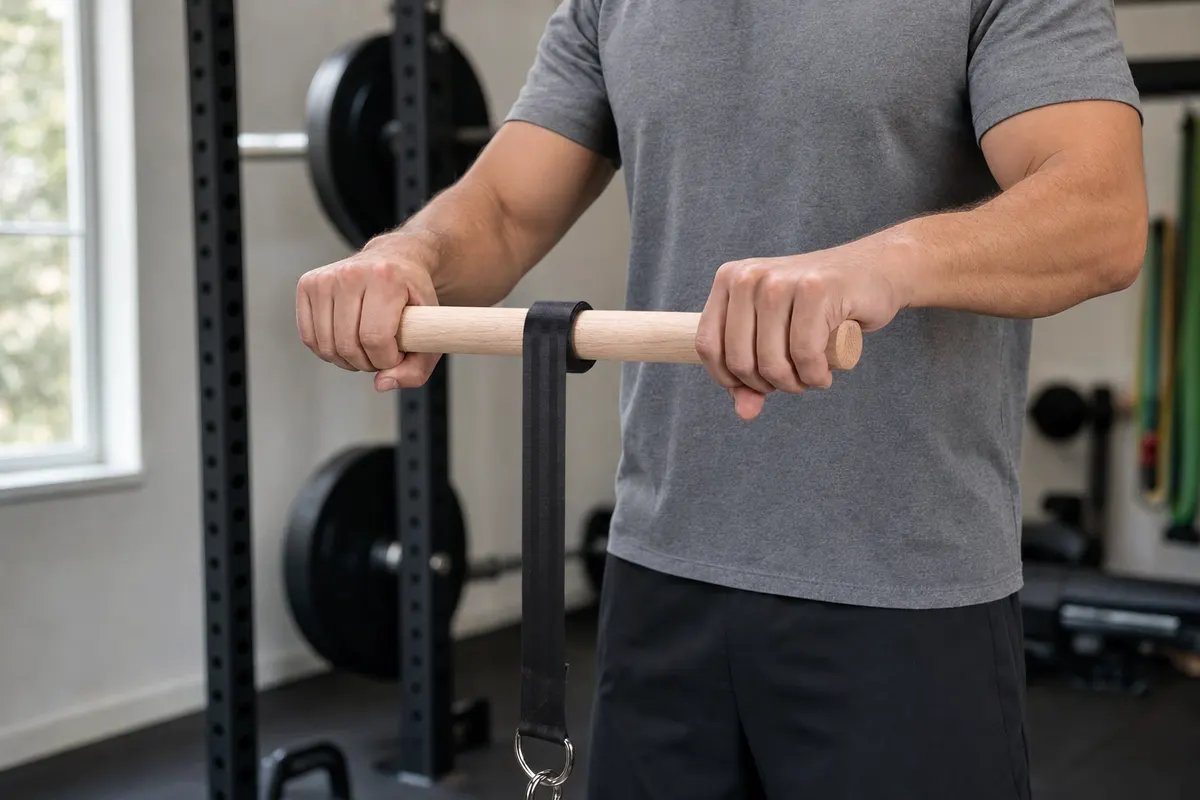Athlete rolling the Gripwood wrist roller at shoulder height in a home gym
