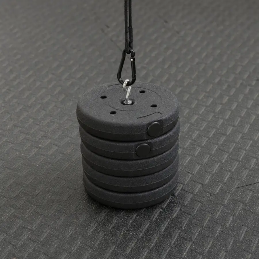 Weight plates stacked on the loading pin with a carabiner clipped to the top ring
