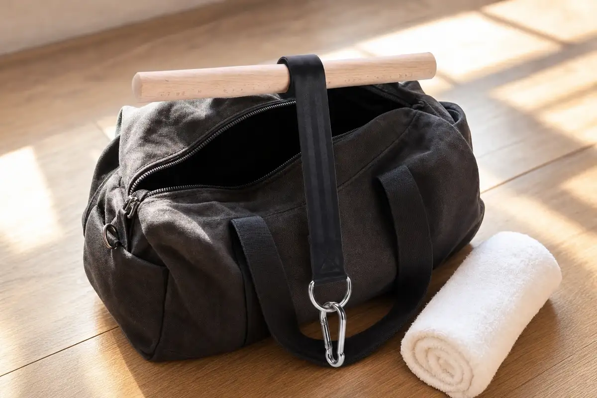 Wrist roller resting on an open canvas gym bag beside a rolled towel